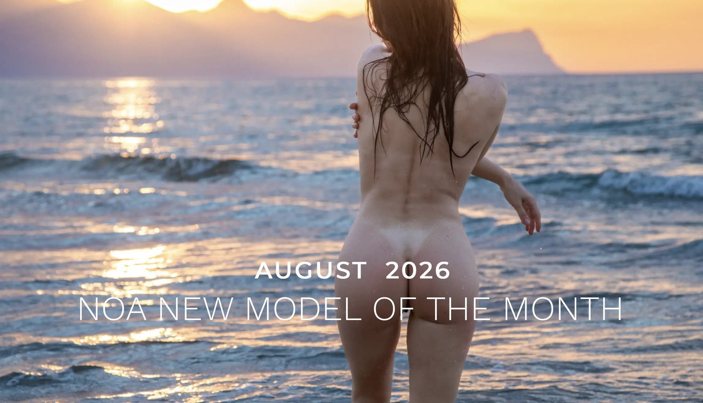 Noa for Photodromm standing nude in the sea at sunset, August 2026 Model of the Month