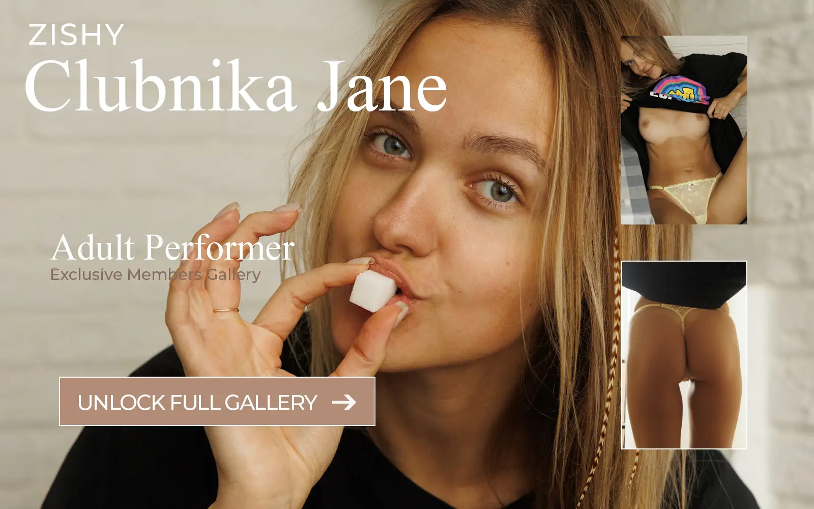 Promotional cover of adult performer Clubnika Jane on Zishy featuring preview images from her exclusive members gallery