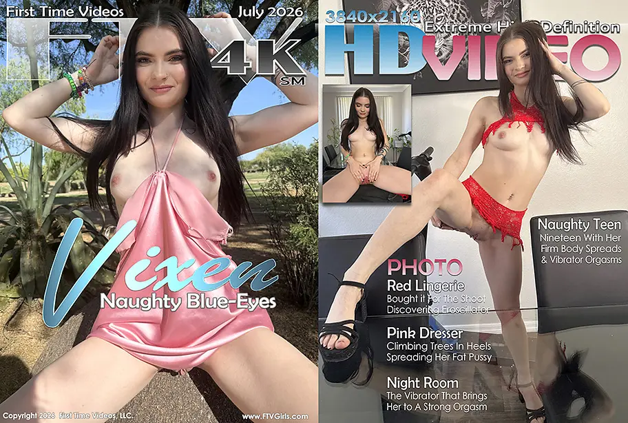 Dark-haired FTVGirls model Vixen posing in a pink dress