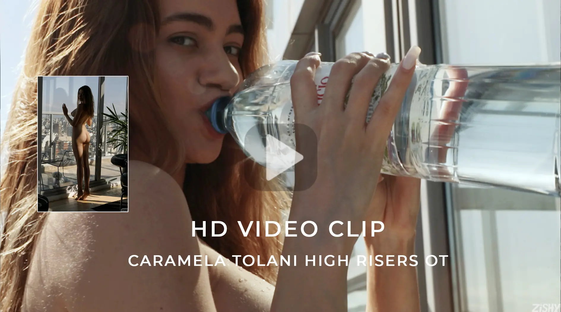 Model drinking water by a sunlit window in the Caramela Tolani High Risers OT video on Zishy