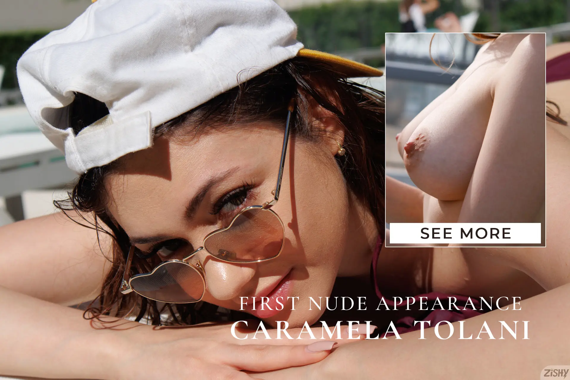 Caramela Tolani wearing heart-shaped sunglasses by the pool during her first-ever nude photo shoot for Zishy