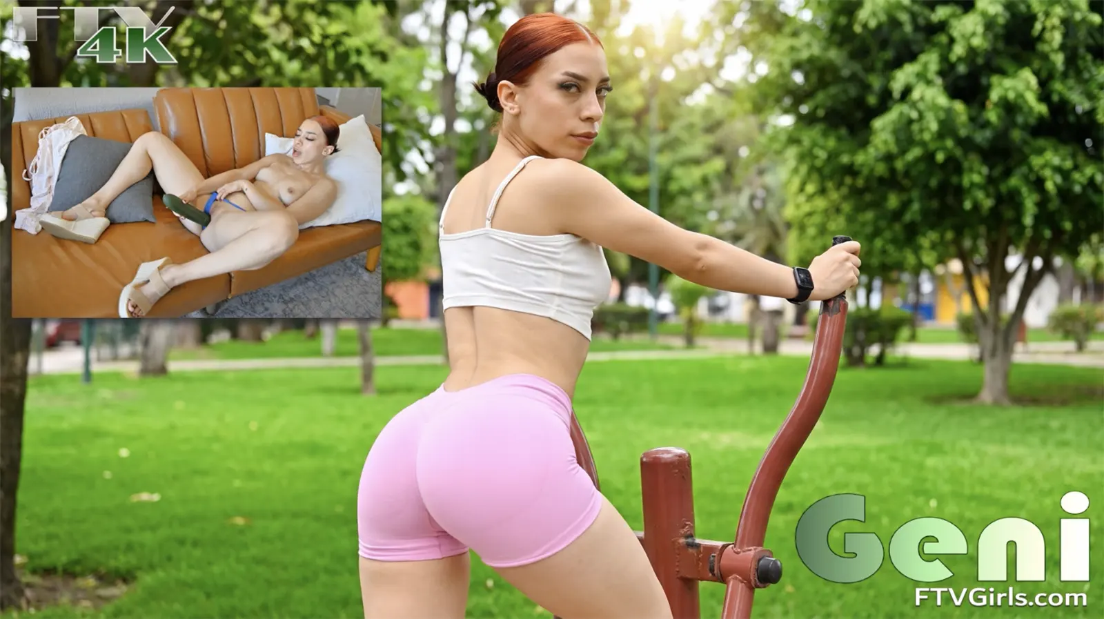 Geni Latina model wearing tight pink spandex outdoors