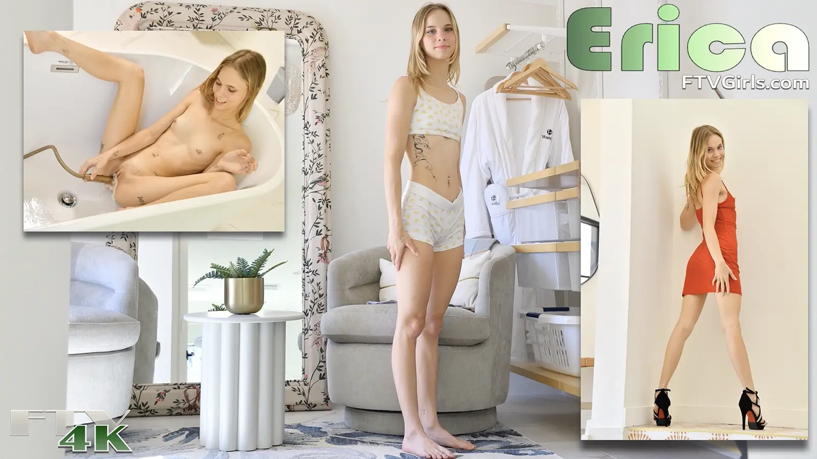 Erica FTVGirls nude update preview with white lingerie, red dress and bedroom scenes